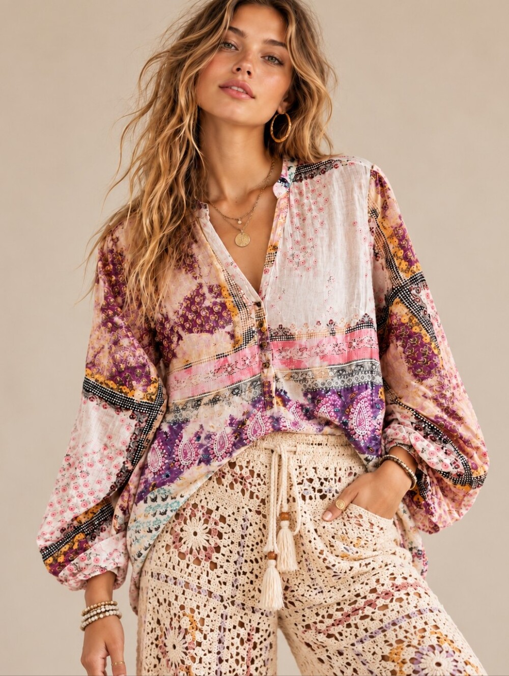 J.A.K. by The Nu Vintage Boho Blouse Size S Patchwork Top 100% Cotton